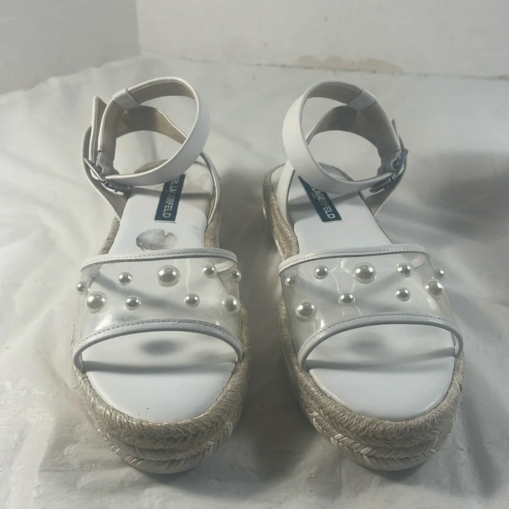 Karl Lagerfeld Paris Women’s White Adalina Espadrille Sandals with Pearl Details